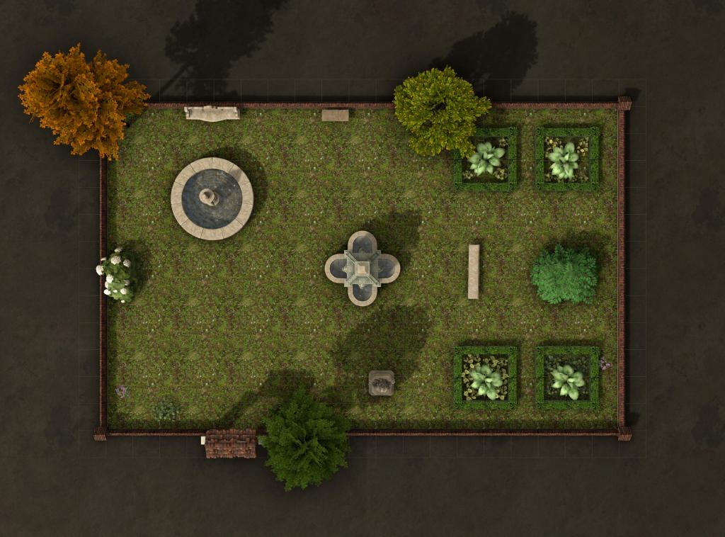 Overhead, map view of a small formal garden with benches, fountains, trees, and flowering bushes. A covered gate is at the bottom of the map as viewed, and there is a plain border around the map to provide space for the three-dimensional tree heights