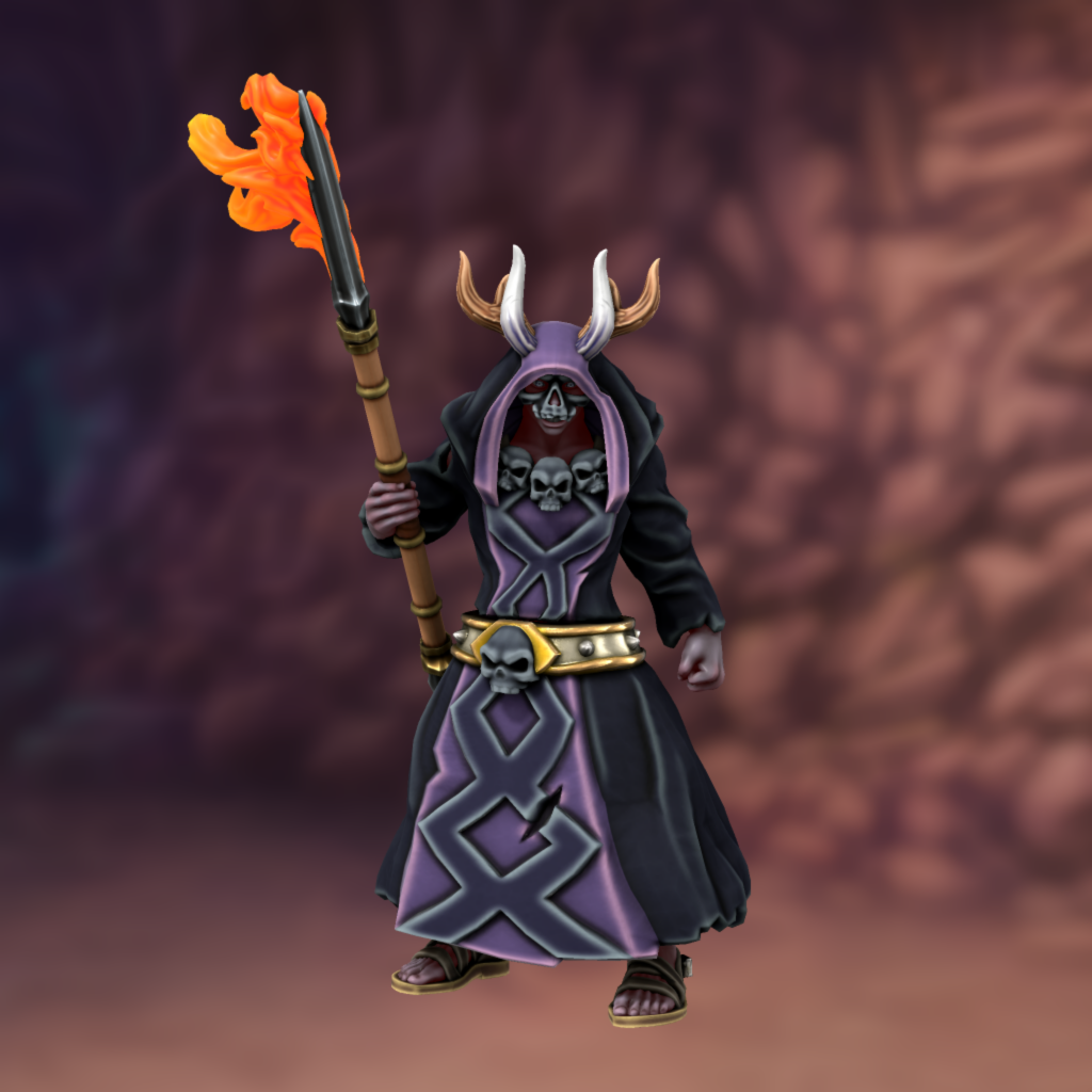 Illustrative picture - a monstrous and hooded figure with a skull mask and purple skin. Two sets of horns protrude from the hood, and a flaming speear is grasped in one hand.